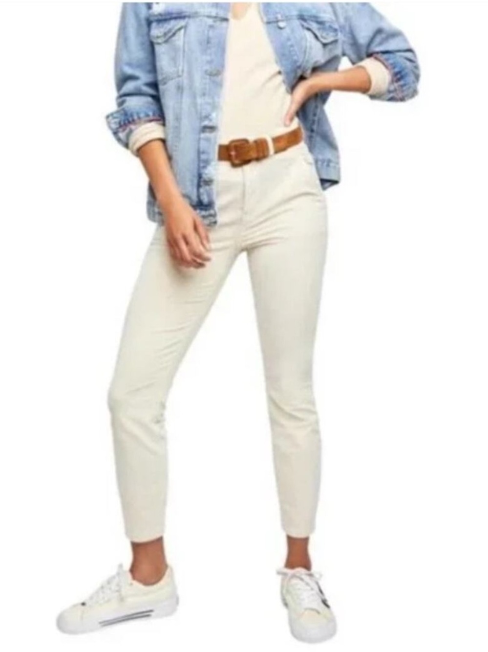 We the Free People Fine Line Straight Leg Crop Pants Corduroy Cream Stretch Sz 8